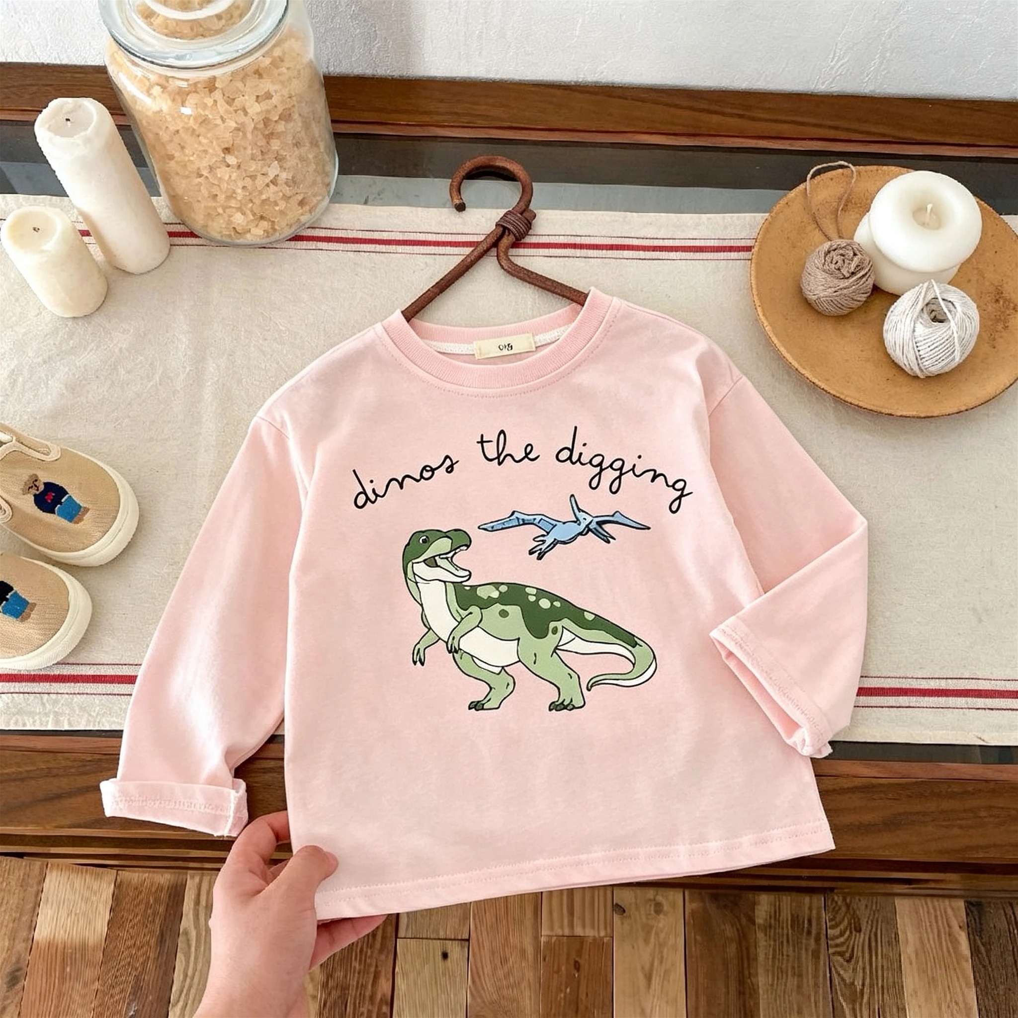 Baby Boys And Girls Printed Dinosaur Long Sleeve Tees Tops Fashion Popular Kids Bottoming Shirt Loose Simple Children's Blouse