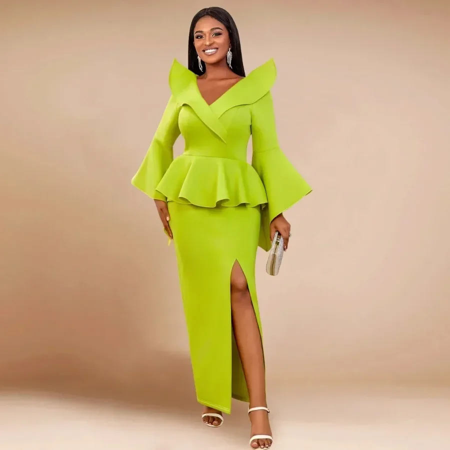 

Customized Elegant African Party Evening Dresses for Women Autumn African Long Sleeve V-neck Polyester Green Long Maxi Dress Gow