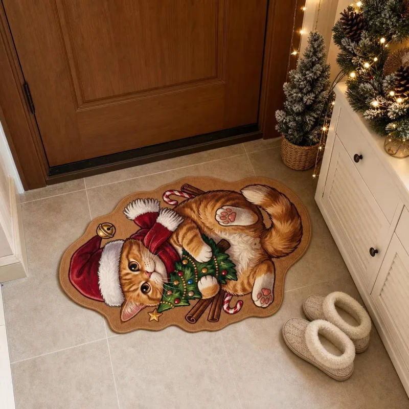 VIKAMA Christmas Cats Rug, Two Kittens with Santa Hat Red Sweater Novelty Mat, Bedroom Floor Mat, Merry Christmas Home Decor