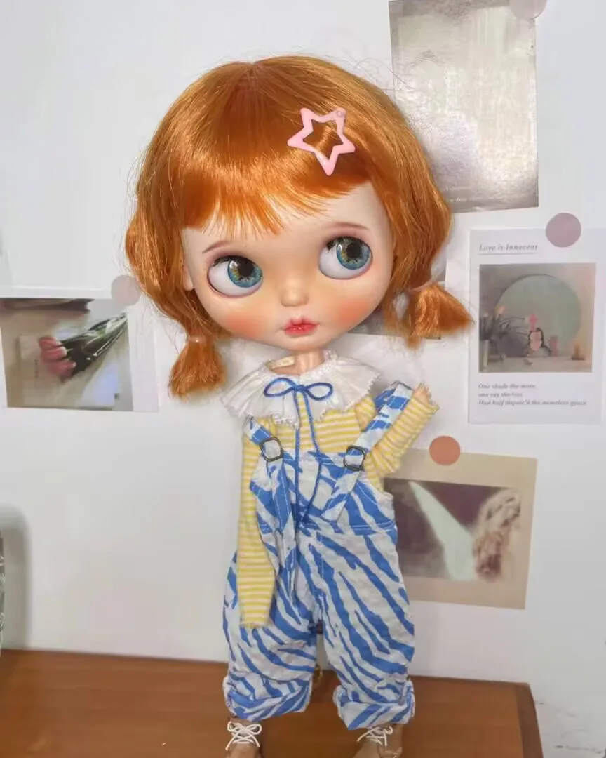 2025 2pcs Leisure lovely style Blythe Landoudou Jumpsuit long sleeved T+blue overalls  (Fit for azone,Pullip,Ob22,24,26, Licca)