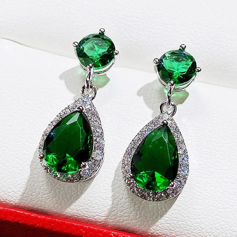 New Popular Women\'s Pendant Emerald Earrings Retro Party Accessories with Bright Green Zirconia Elegant  Jewelry Gifts