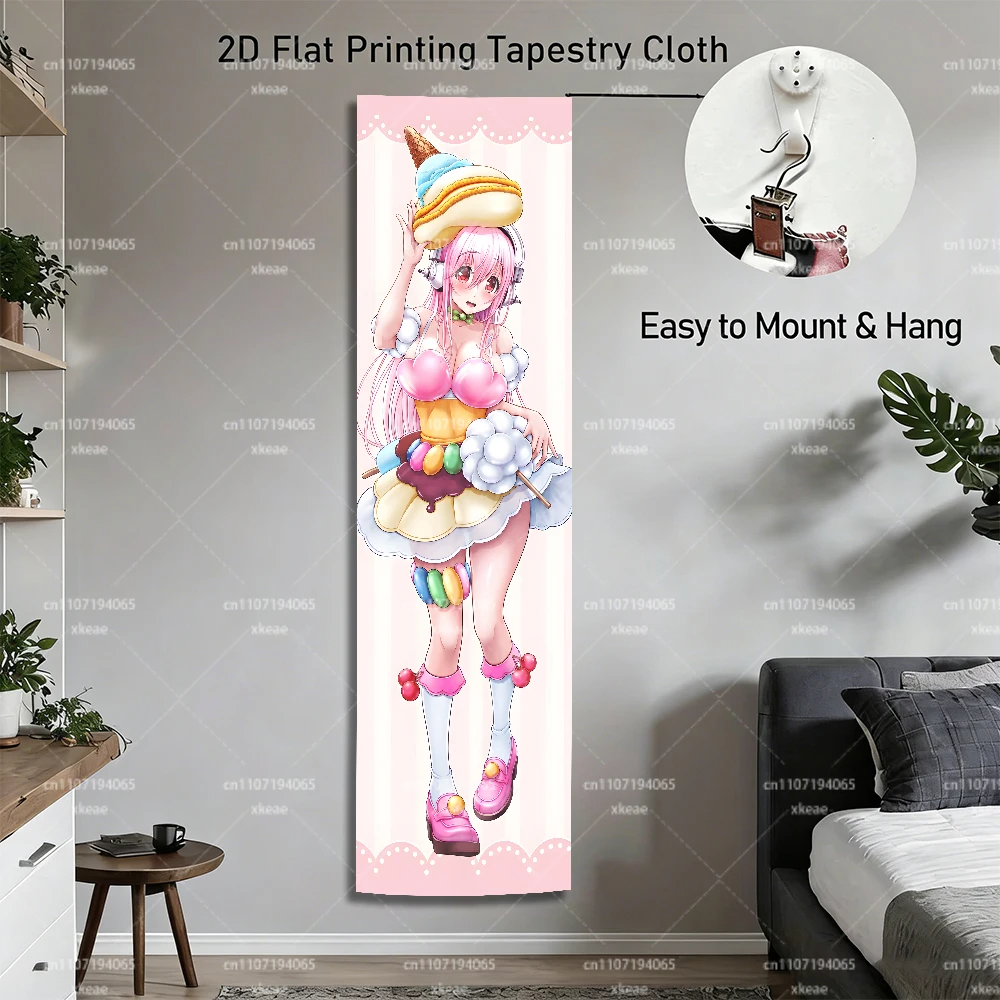 Niedliche rosa Haar-Tapisserie mit S-Super-Sonico-Motiv, süßer Bonbon-Hintergrund, lange vertikale Wandkunst – Detail 2