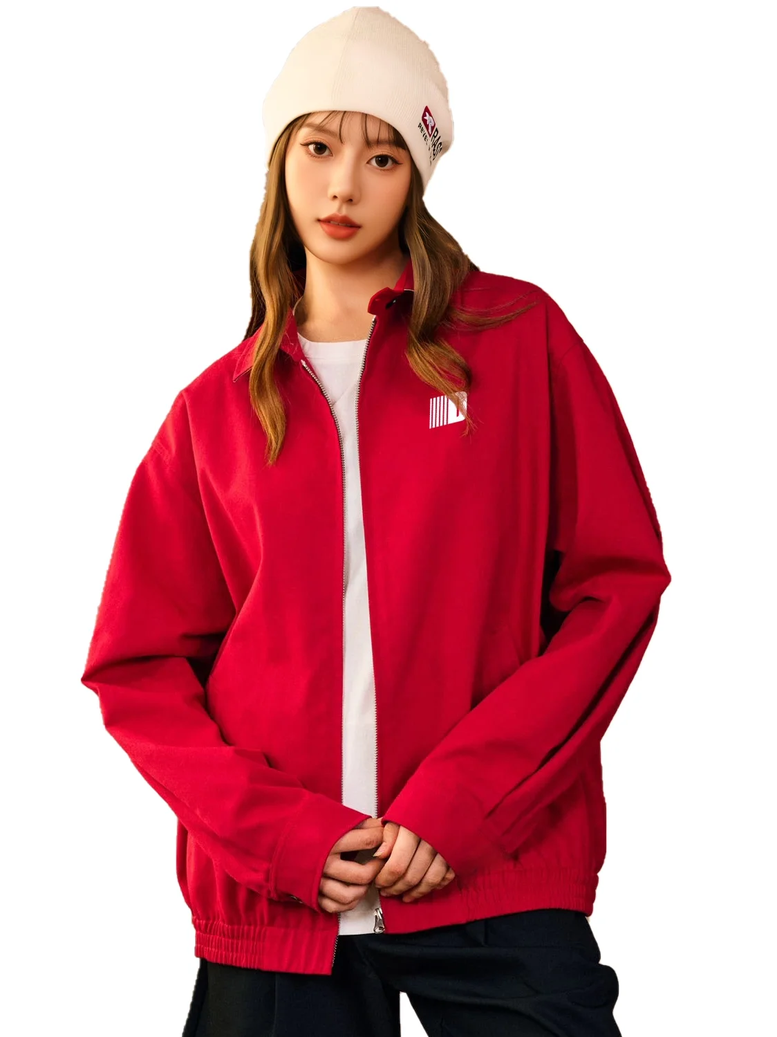 

FDR GDES Casual Versatile Collared Zipper Jaet American Loose Trendy ex Spring Autumn Winter Long Sve Pure Color