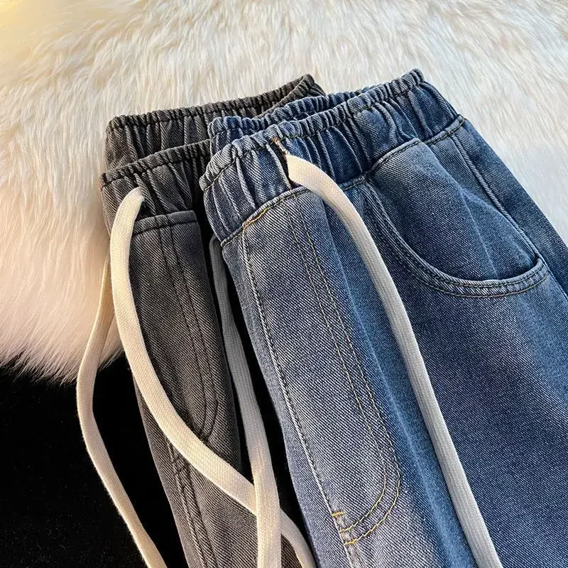 Autumn and Winter Padded and Thickened Jeans Men's Loose Straight Elastic Waist Wide-leg Trousers Casual Trousers