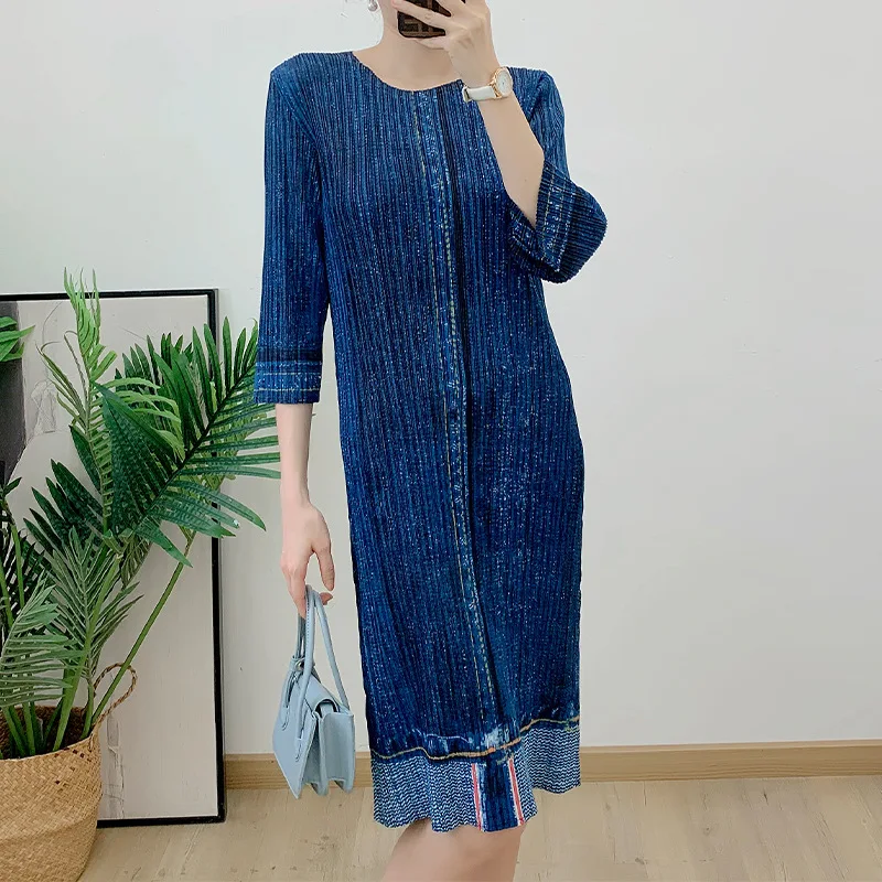 

GGHK Miyake Pleated Imitation Denim Skirt Autumn 2023 New Fashion Versatile Patchwork Tassel Dress Casual Women Clothing