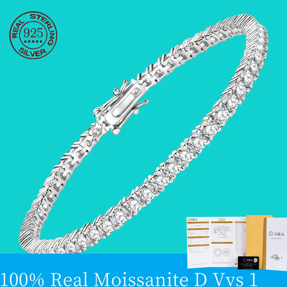 Fashion Simple D VVS1 Moissanite Tennis Bracelet 925 Sterling Silver Single Row Classics with GRA Bracelet for Women Man Jewelry