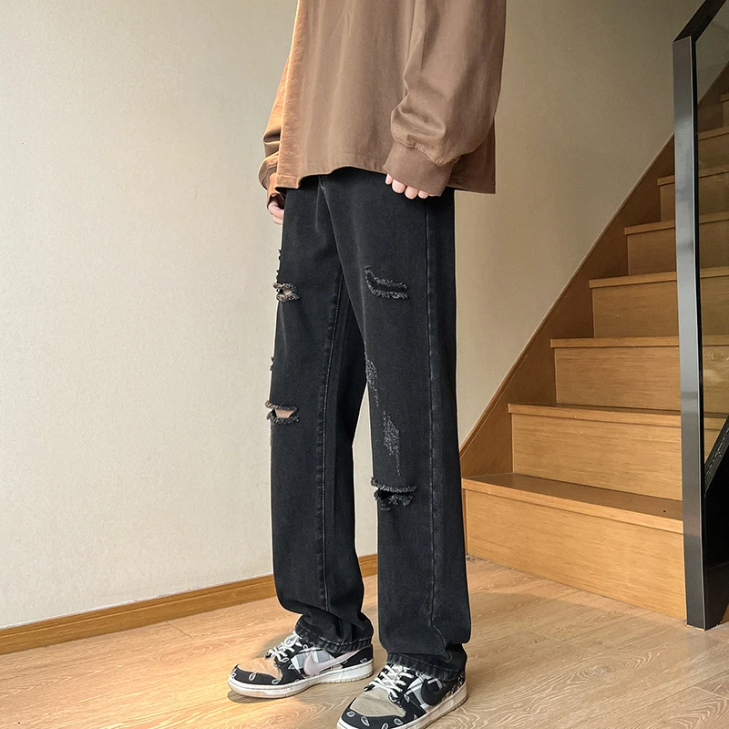 CUMUKKIYP Jeans rasgado e angustiado masculino, calça jeans, perna reta solta, tubo rasgado largo, preto e azul, na moda