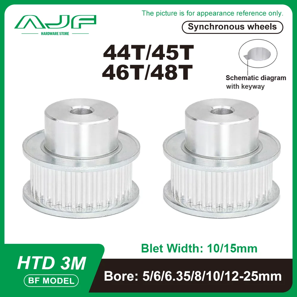 HTD 3M Timing Pulley 44T/45T/46T/48eeth Bore 5-25mm Alloy Pulley Wheels Teeth Pitch 3.0mm For Width 10/15mm 3M Timing Belt