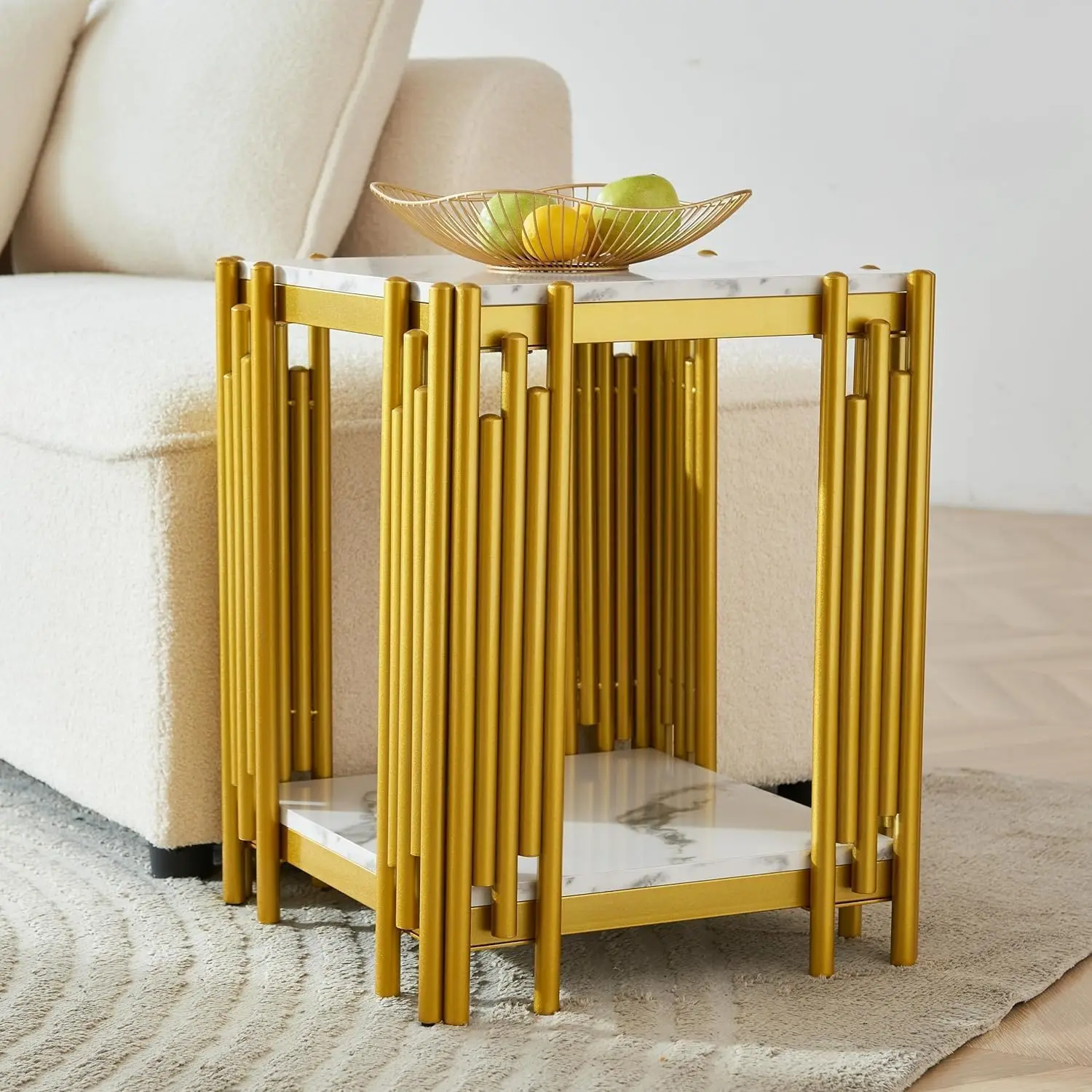 Square White Marble End Table with Gold Metal Frame, 2-Tier Faux Marble Side Table with Storage, Mid Century Modern Side Table f