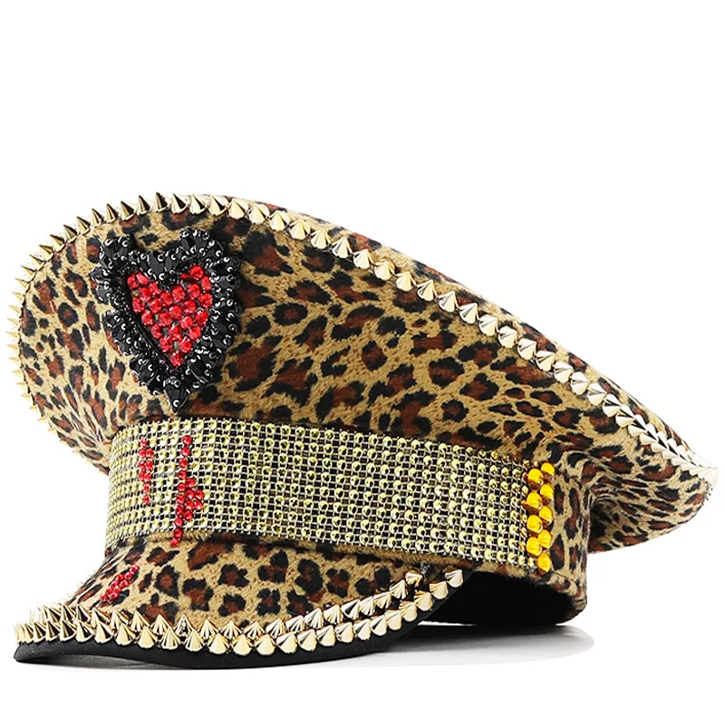 Party Niche New Retro Fashion Decoration Leopard Print Peach Heart Navy Hat Foreign Trade Face-showing Small Trendy Hat
