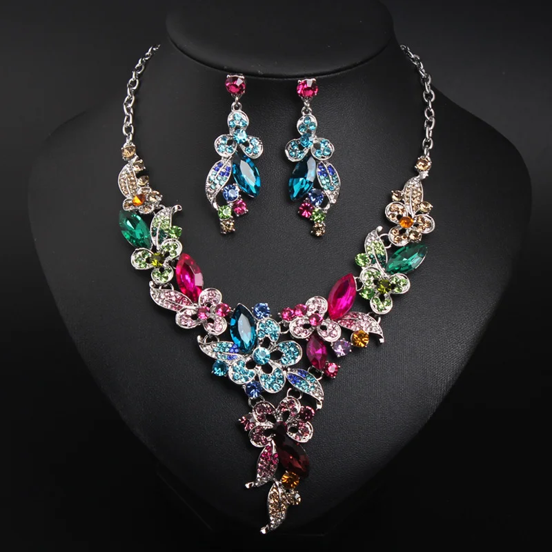 

Crystal diamond flower collar-length earrings and necklace set - formal dress event bride accessories