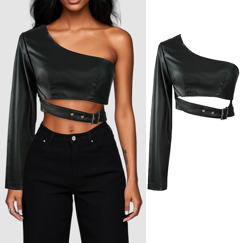 2025 Women Black Collarless Single Shoulder PU Leather Jacket Black Fashion Rock Dance Irregular Short Tank Top Punk Dress Up