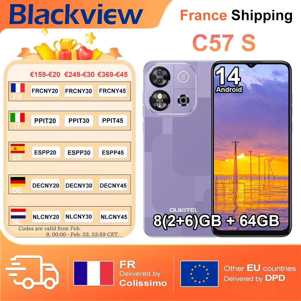 OUKITEL C57 S 2GB + 64GB ROM 6.52 "Android Smartphone 14 13MP 4300mAh téléphone pas cher double SIM 4G