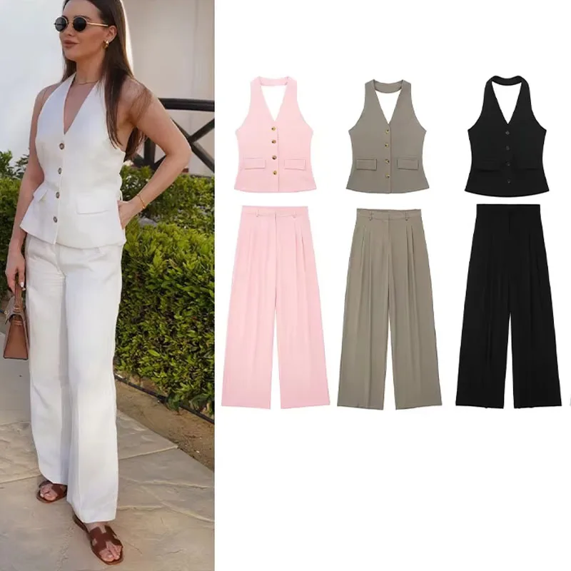 2025 المرأة الأبيض سترة غير رسمية فستان أطفال مع سروال داخلي فضفاض السراويل الطويلة الصلبة أكمام الرسن الرقبة سترة سليم تانك القمم الصيف العصرية