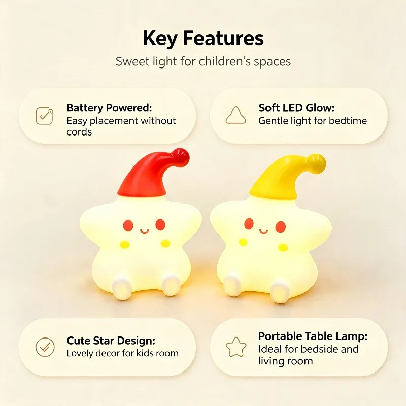 Cute Yellow Star LED Lamp, Portable Battery Night Light Gift for Kids Bedroom Home Decor