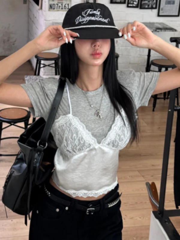 Design Sensation Lace Splice Waist-Cinching Short Sleeve Bloggers Piece Appearance Korean Style Women's Fashion Top