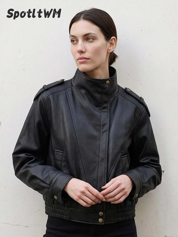 Women Black Pu Leather Bomber Jacket Stand Collar Epaulet Zip Up Long Sleeve Elastic Hem Moto Biker Coat Lady New Autumn Coats