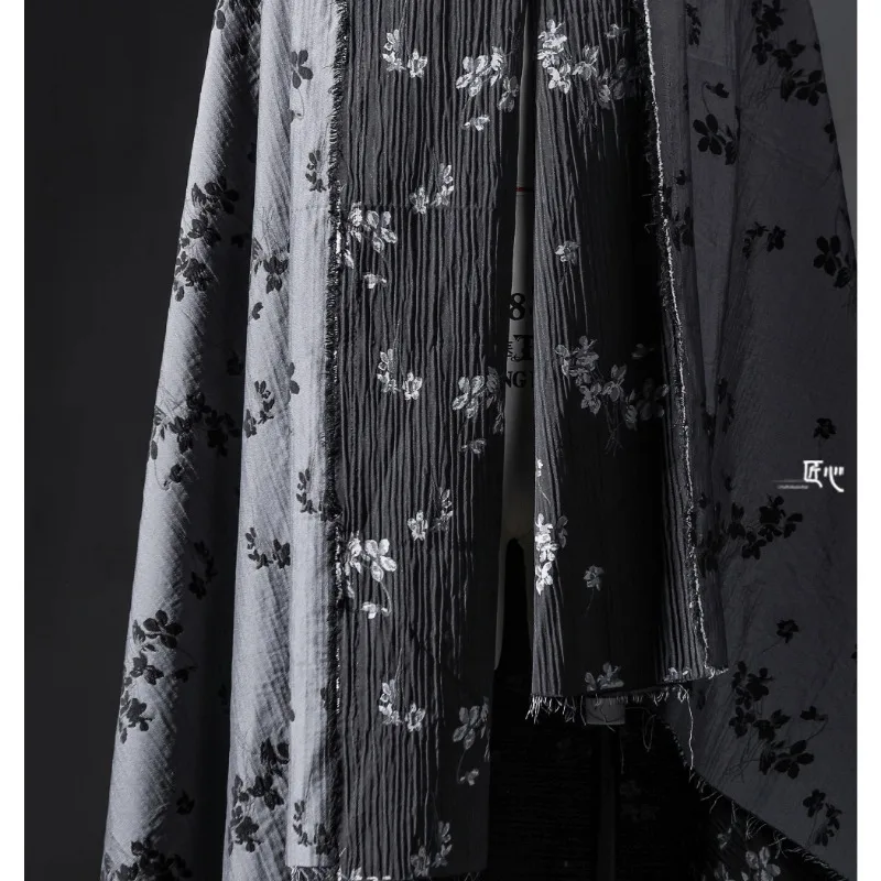 Black and White Cherry Blossom Jacquard Cotton Linen Fabric with Reconstructed Pleated Texture Artistic Chinese Style Hanfu
