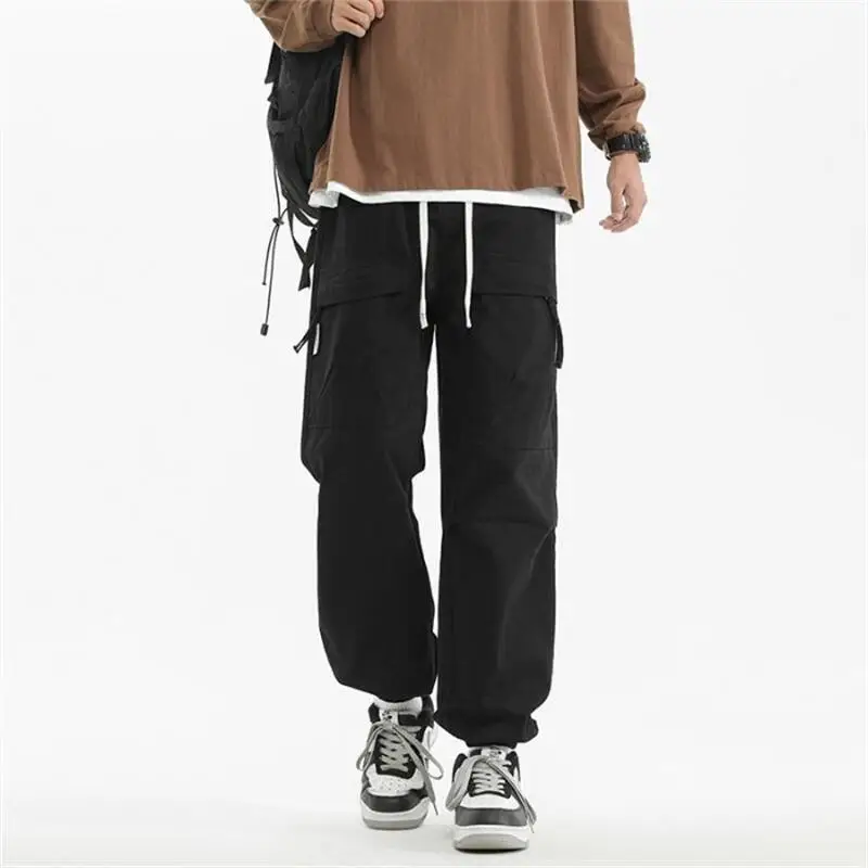 جديد وصول الأمريكية عارضة متعددة جيب فضفاض مستقيم الساق السراويل الطويلة للرجال الخريف الشباب العصرية العلامة التجارية الرباط عمال الجينز