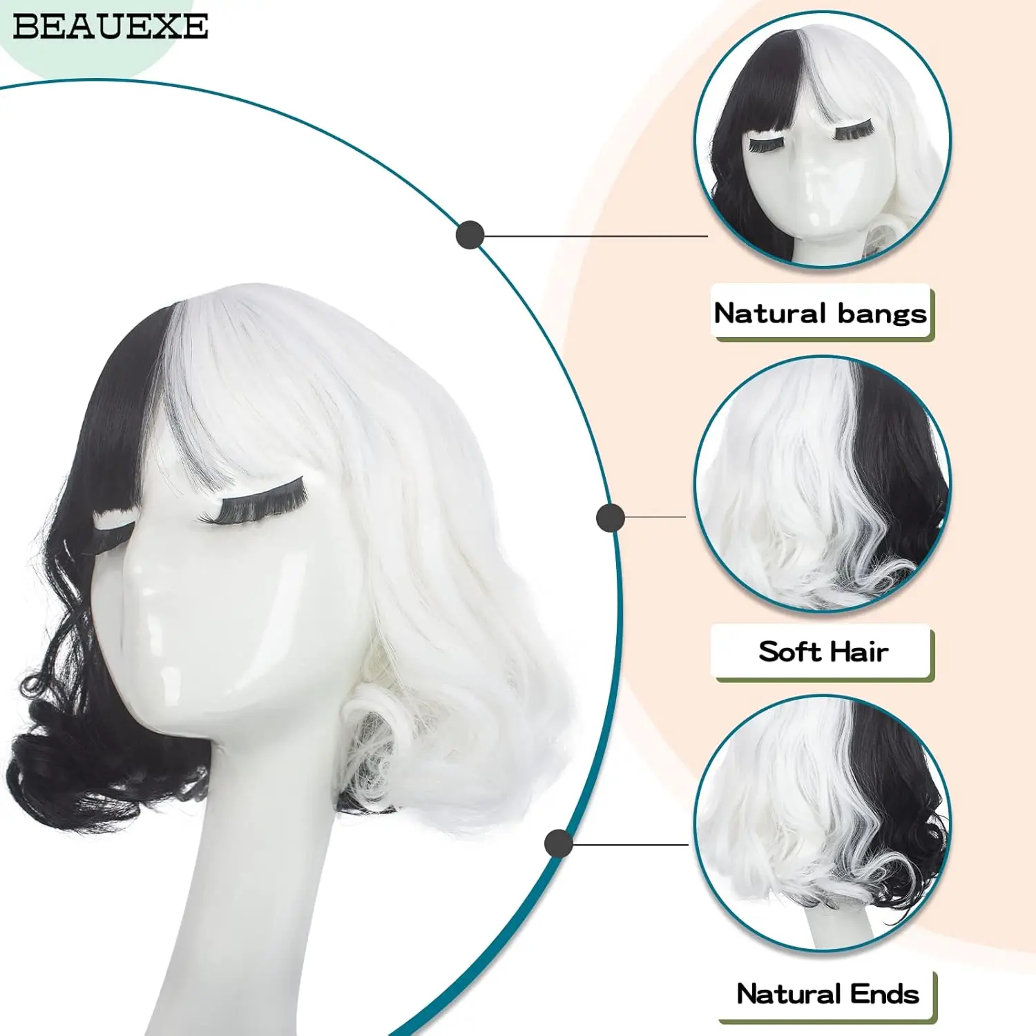 أنيمي تأثيري الباروكات طويلة قصيرة متموجة أبيض وأسود شعر مستعار للنساء تأثيري هالوين زي حزب الباروكات للنساء الفتيات #3
