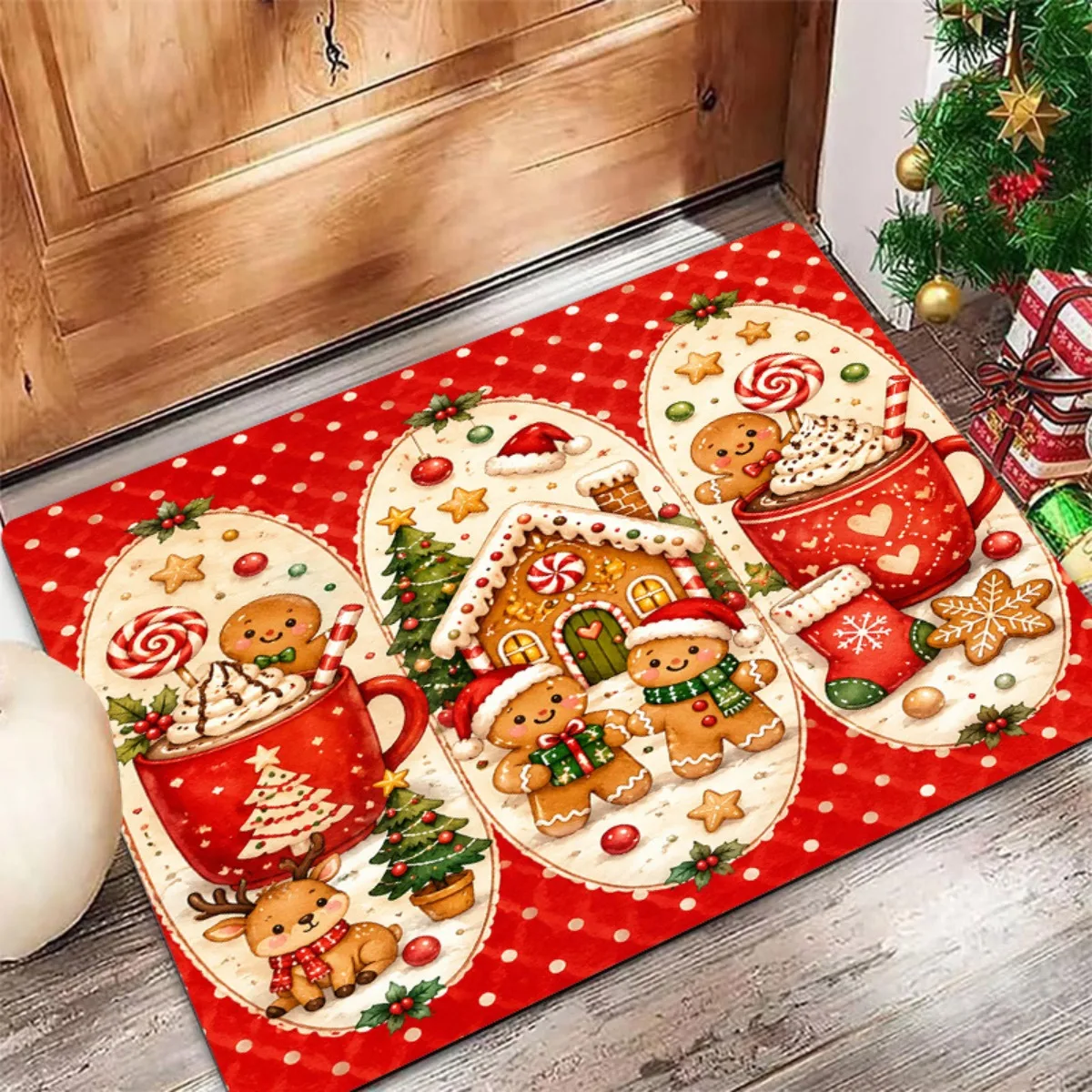 1pc Christmas‑Gingerbread‑House‑Gingerbread‑Man‑Candy‑Reindeer‑Print Area Rug, 2D Flat Print, Soft Flannel Floor Mat for Shower