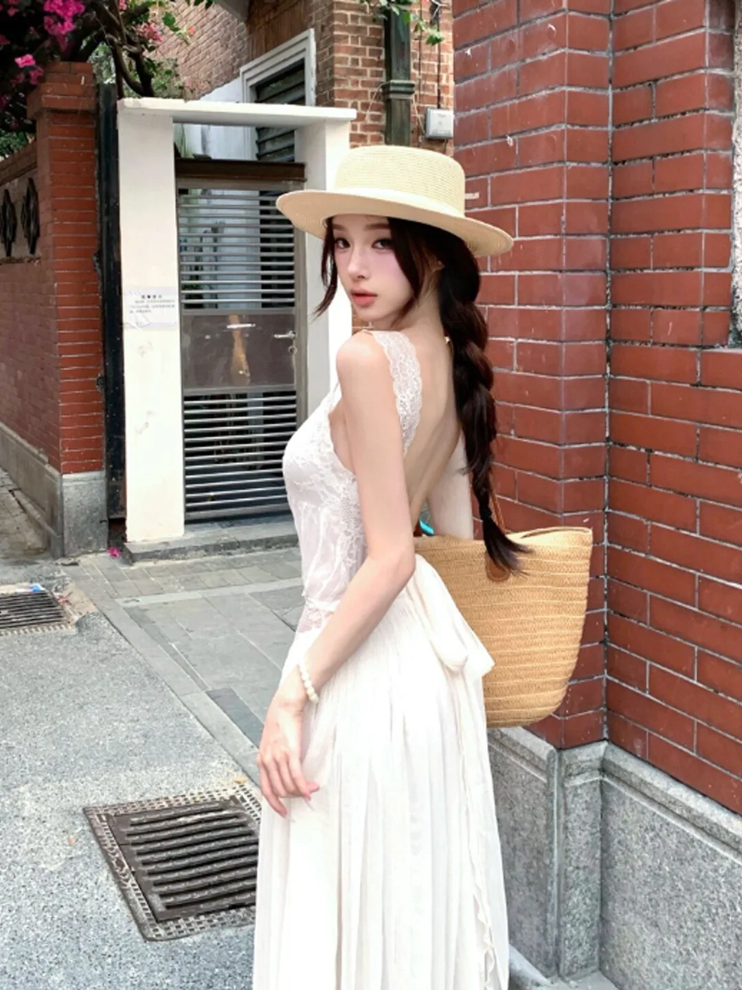 

Elegant Lace Splice Backless Strap Long Dress Design Sensation Unique Summer 2026 French Style Hollow out Shoulder Bridesmaid...