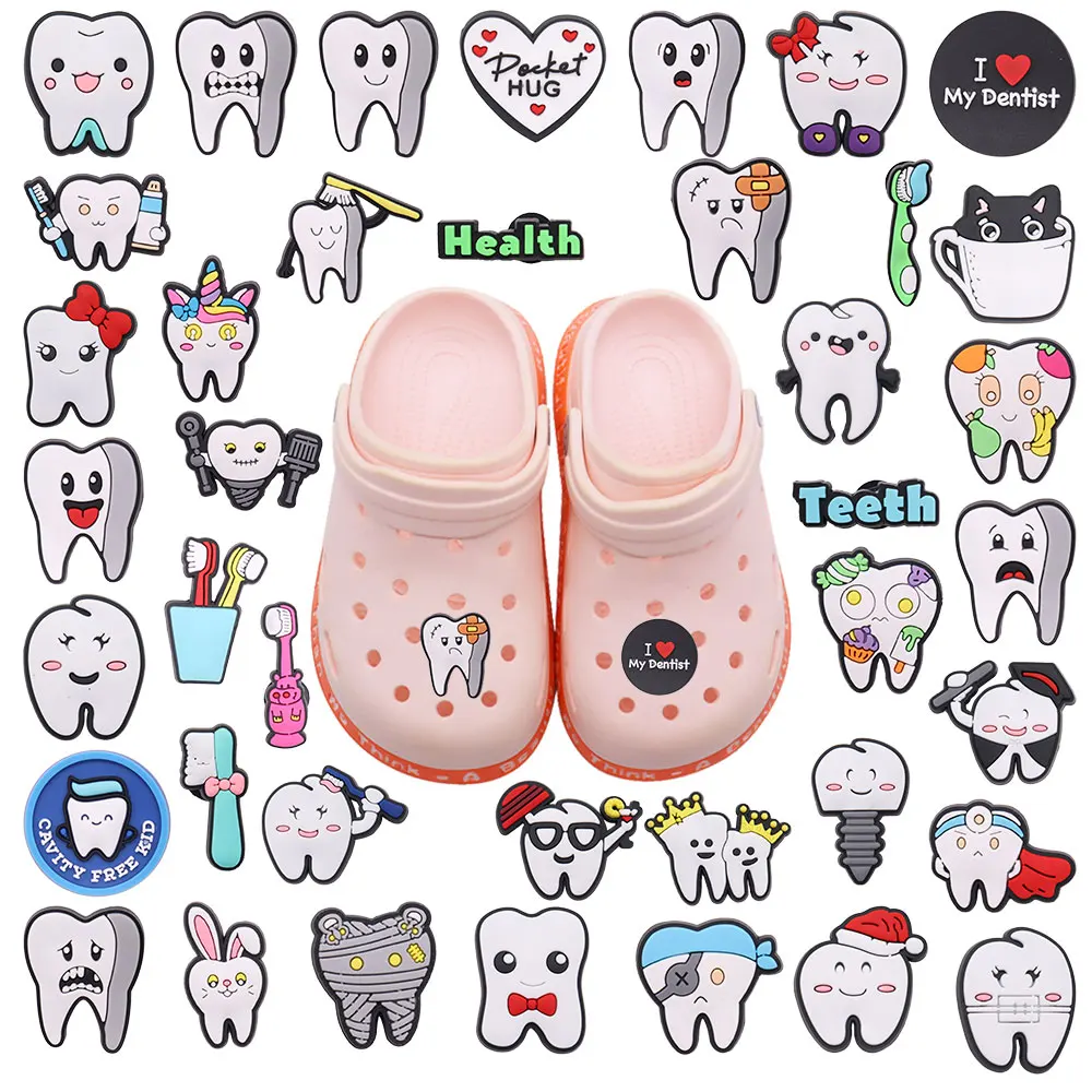 1-40PCS PVC Shoe Charms Tooth Toothbrush Love Dentist Cavity Free Kid Buckle Clog Fit Wristbands Garden Shoes Button Decoration