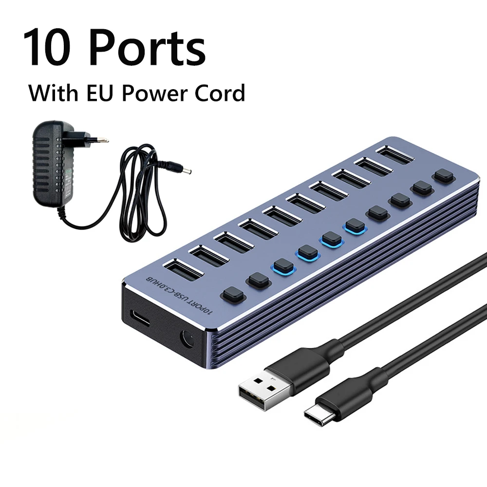 KEBIDUMEI USB 3.0 HUB 10 Ports USB Splitter 5 Gbit/s BC1.2 mit individuellem Schalter, Netzteil, Dockingstationen für Laptop-Desktop