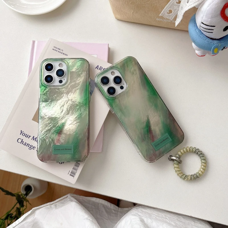 

Suitable for iPhone 17 Gradient Green Blurred Phone Case 16promax Lanyard 15pro All Inclusive 14 13 Anti Fall Protection Cover