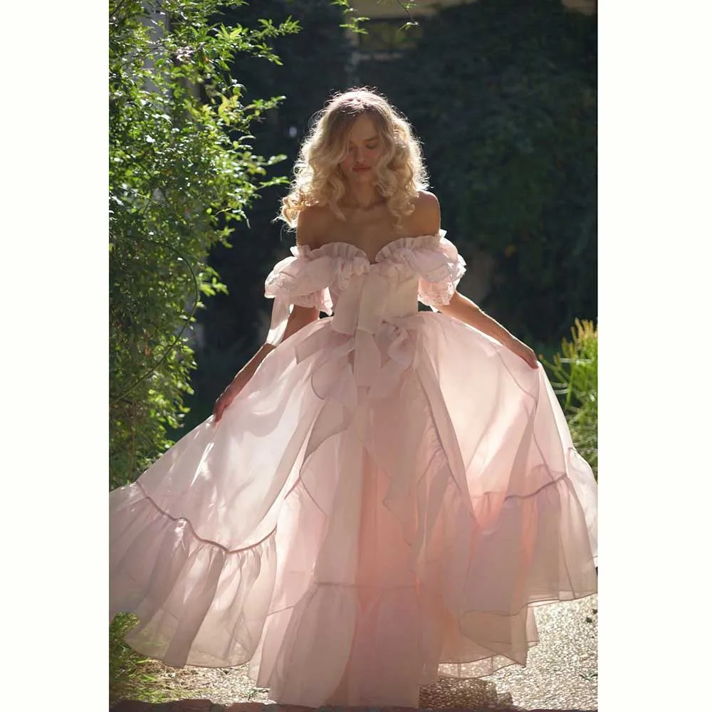 Elegant Sweet Pink Women Prom Dresses A-Line Floor Length Off the Shoulder Princess Fairy Pretty Female Evening Party Gowns