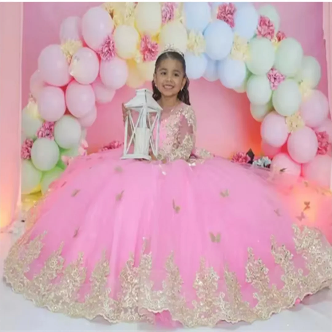 Customized Wedding Tulle Gold Appliques Full Sleeves Pink Flower Girl Dress For Princess First Communion Formal Occasion Gown