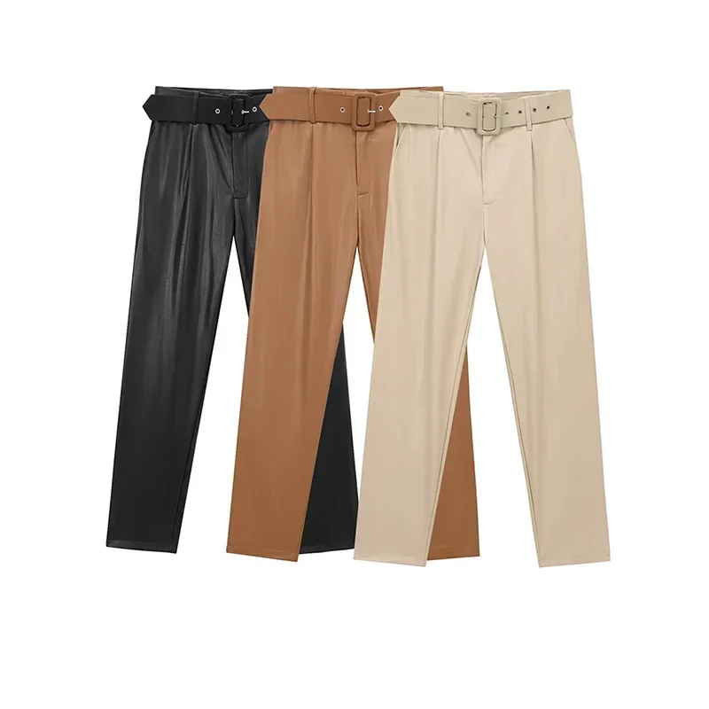 Spring New Women's Fashion High Waist Leather Pants with Belt Simple Stylish Versatile Casual work office lady Trousers