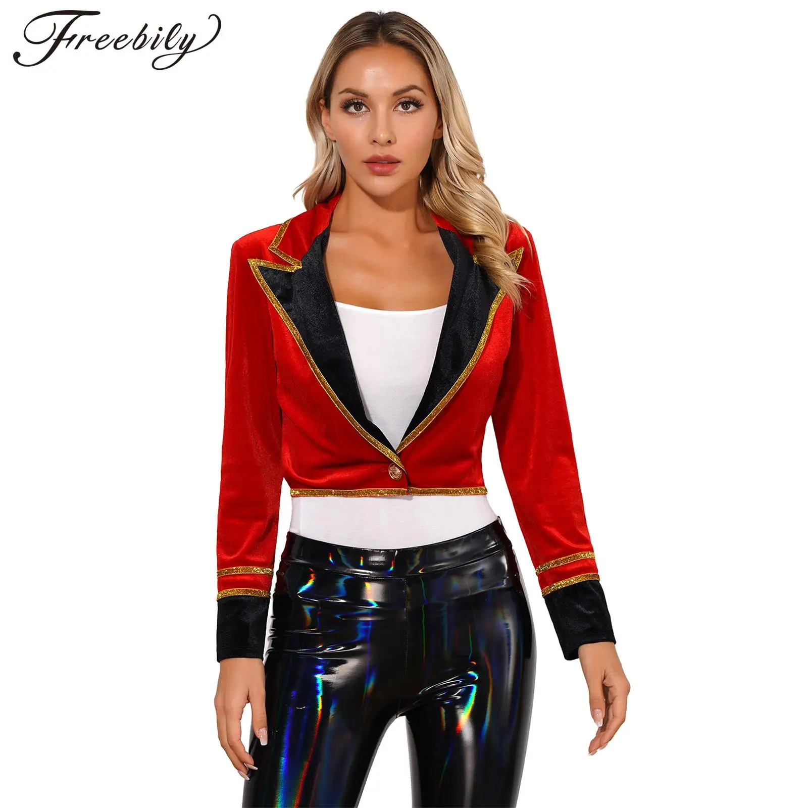 Womens Circus Ringmaster Cosplay Costume Halloween Carnival Party Showman Performance Coat Long Sleeve Velvet Jacket Outerwear