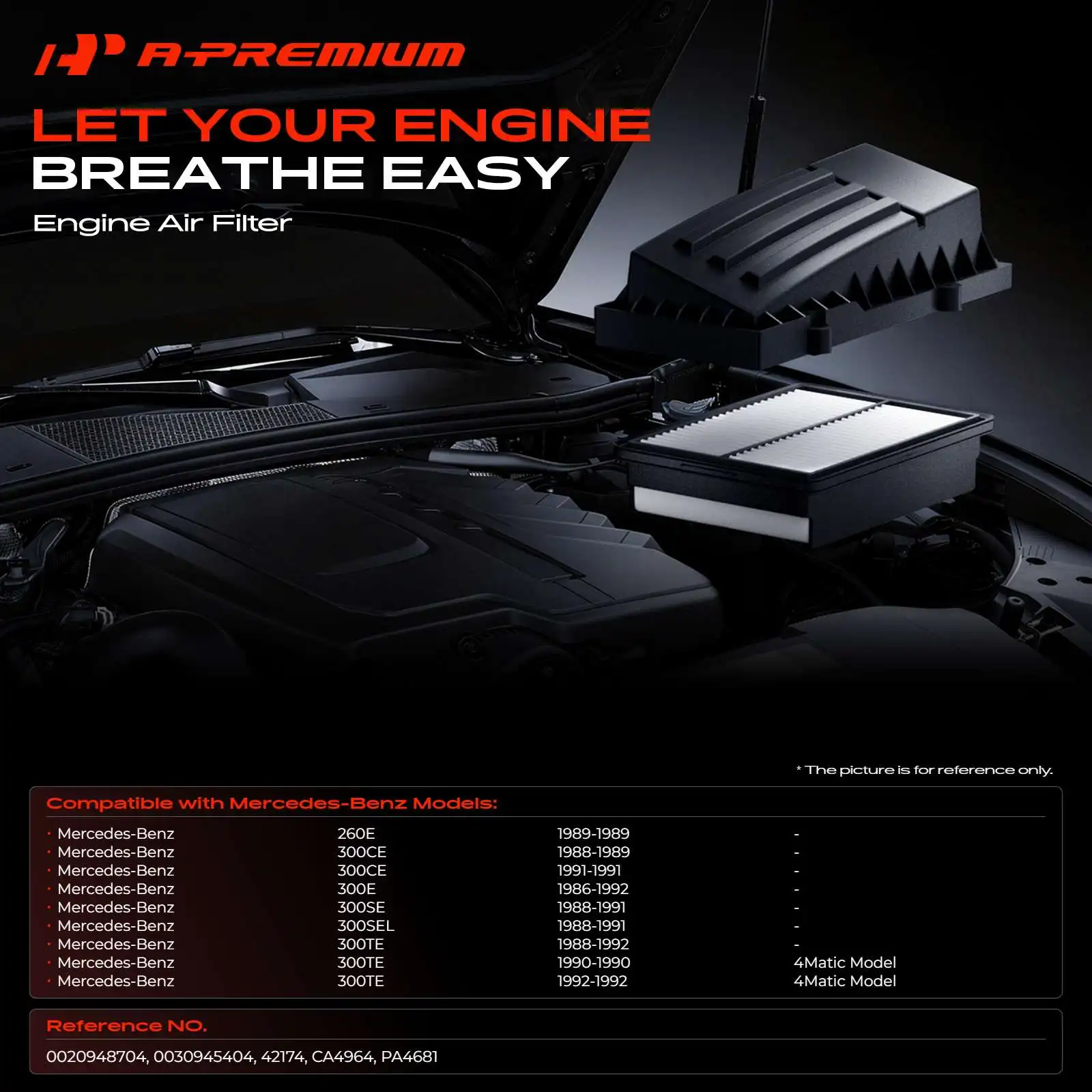 A-Premium Engine Air Filter for Mercedes-Benz 260E 1989 300E 1986-1992 300CE 1988 1989 300SE 300SEL 1988-1991 300TE 1988-1992