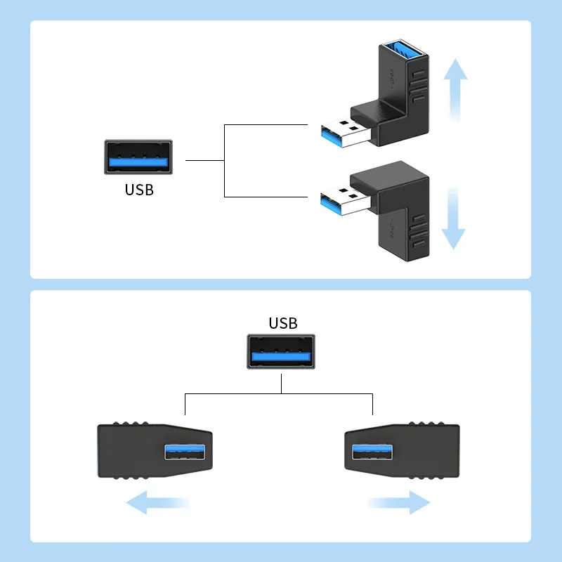 USB 3.0 Male to Female Extension Adapter USB Multiple Direction 90 270 Degree Combo Vertical Up and Down Angle Coupler Connector