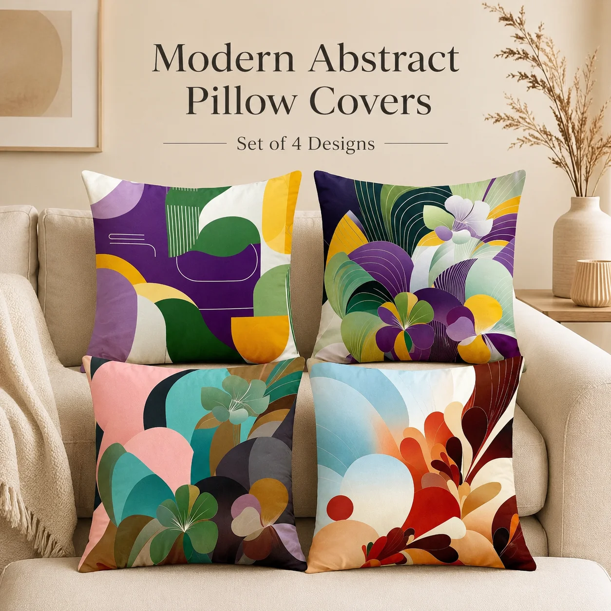 

Modern Abstract Cushion Covers 4PCS Set 2D Flat Printed Peach Skin Geometric Pillow Covers Coussin Room Decor For Sofa Home