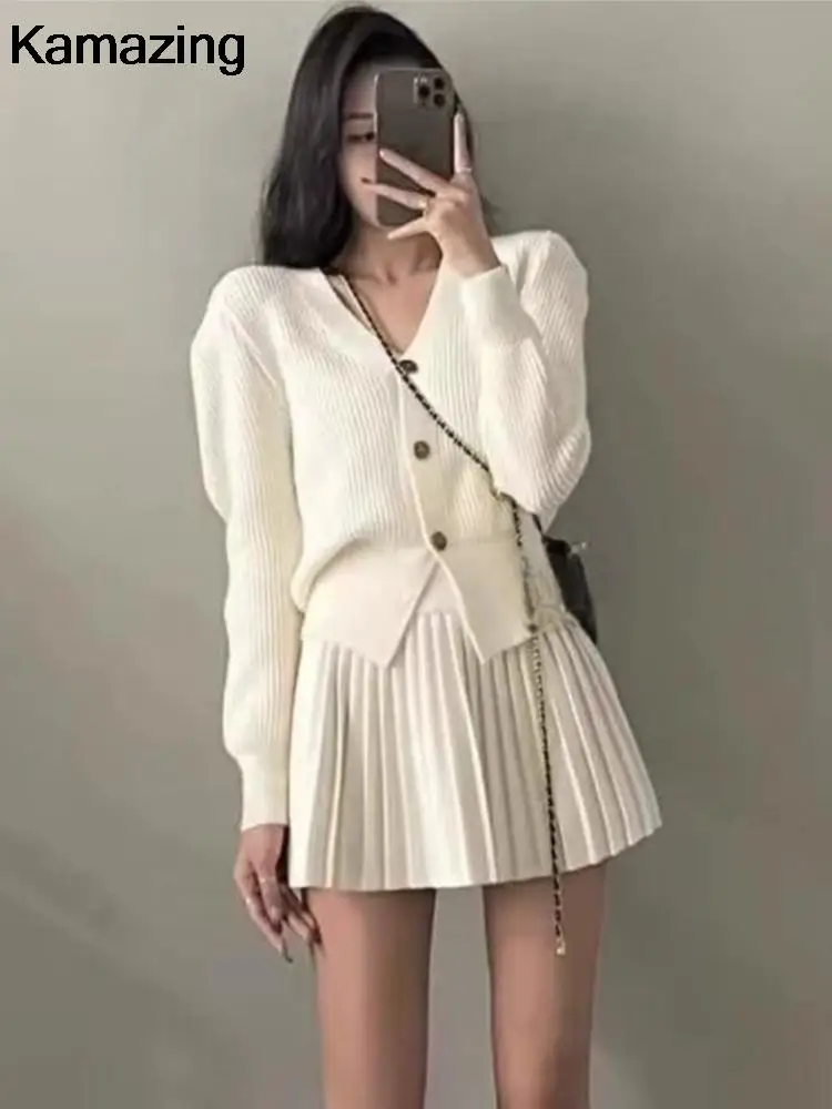 Korean Fashion Autumn Winter Women\'s Knitted Suits Single Breasted Cardigan High Waisted Mini Pleated Skirt Chic 2-piece Outfit