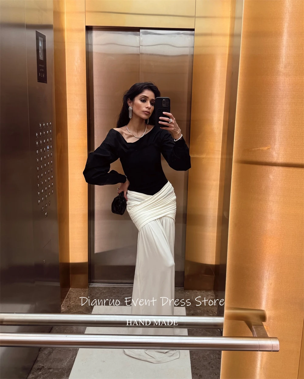 Dianruo Einzigartige Abendkleider mit asymmetrischem Kragen, gerüscht, lange Ballkleider, Chiffon, Schwarz, Weiß, formelle Roben, Bal de Promo, individuell gestaltet