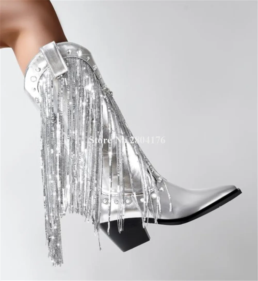 Bling Bling Rhinestones Pearls Thick Heel Knee High Boots Pointed Toe Silver Crystals Long Tassels Boots