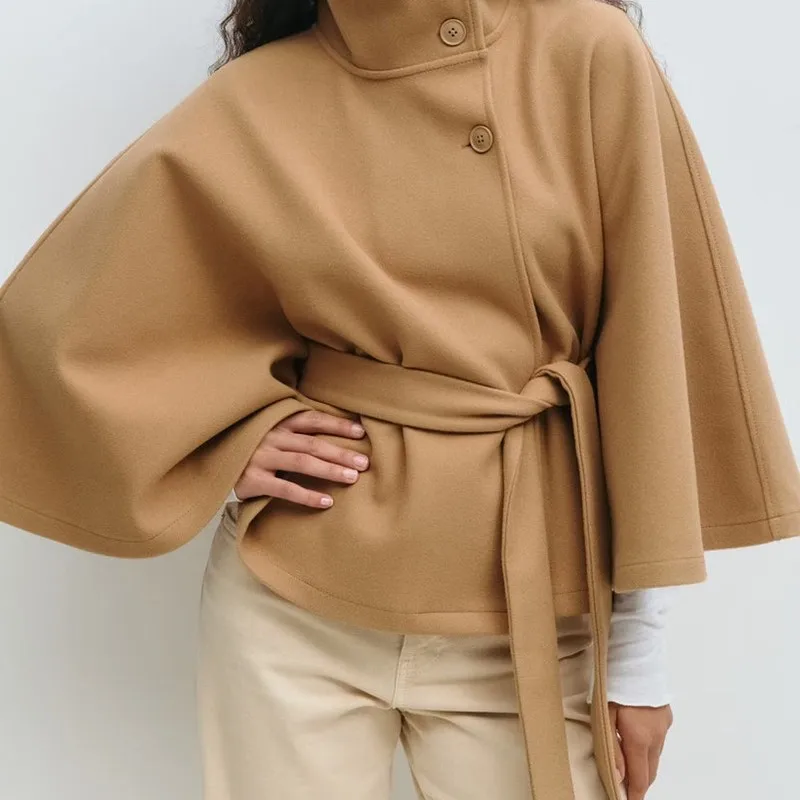 

Fashionable Solid Color Cape Stand Collar Button Waistband Windbreaker Jacket Casual Long Sleeves Coat Ponchos Invierno Mujer