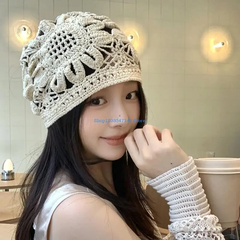 P88B اليدوية الكروشيه بيني قبعة جوفاء زهرة الجمجمة قبعة المراهقين فتاة قبعة صوفية