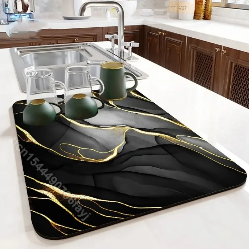 Black Marbling Dish Drying Mat Super Absorbent Tableware Kitchen Bottle Anti-slip Dry Pad Kettle Bar Counter Tool Luxury Rugs
