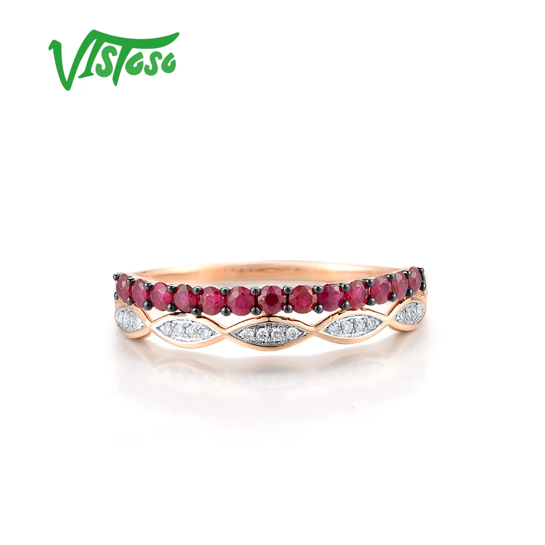VISTOSO Real 14K 585 Rose Gold Ring For Women Sparkling Diamonds Ruby Sweet Wedding Anniversary Elegant Gifts Fine Jewelry