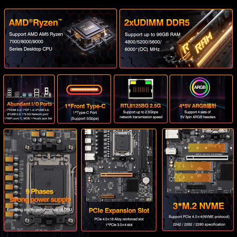 ERYING  AM5 B650 Motherboard Socket Support AMD Ryzen 7000-9000 CPU DDR5 ARGB PCIe4.0 3*M.2 NVME USB3.0 Gaming M-ATX B650M