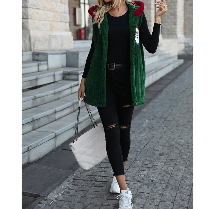 Fall/Winter 2024 Women's Hooded Sleeveless Loose Casual Christmas Style Buttonless Double-sided Velvet Jacket