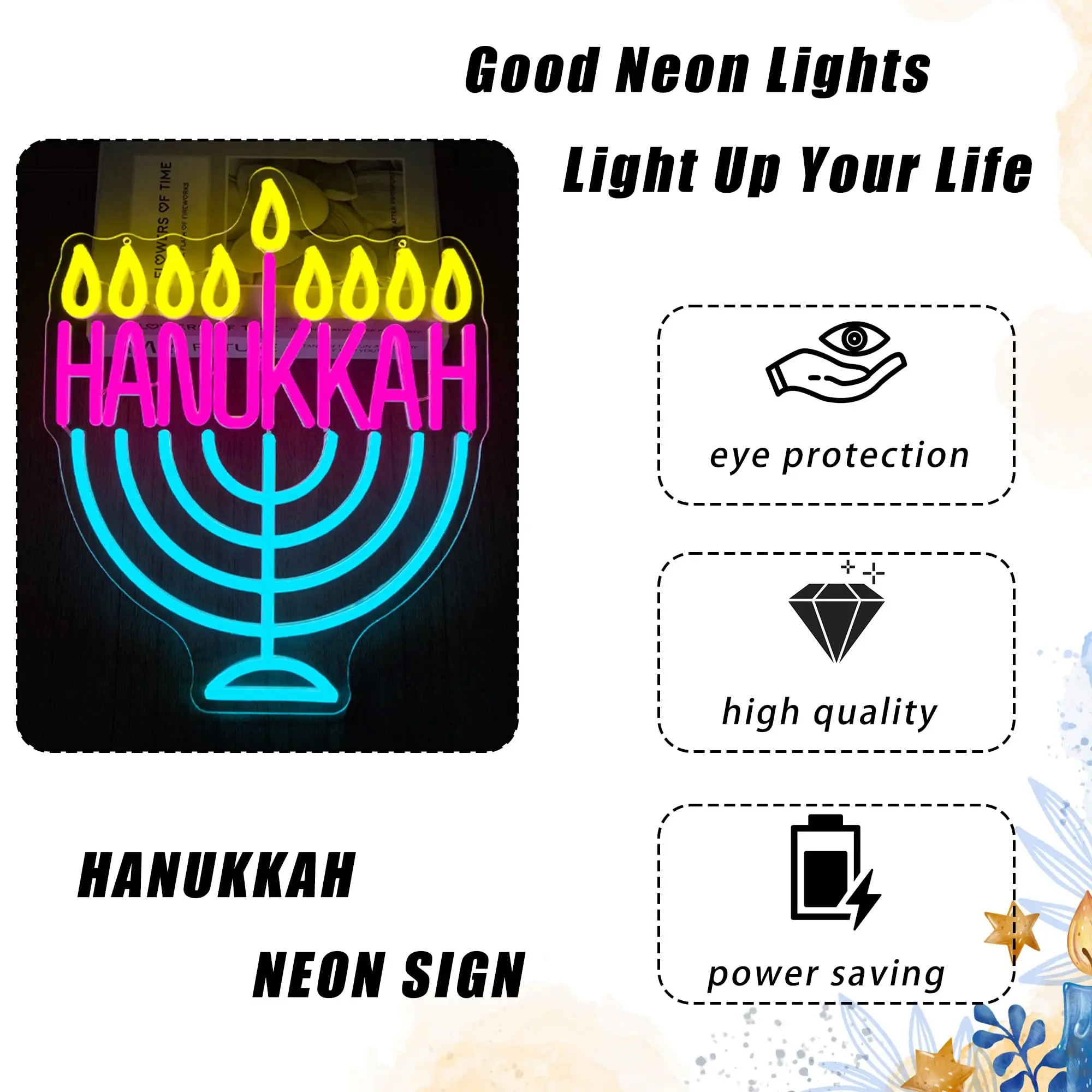 Hanukkah sinal de néon para decoração de parede com interruptor regulável alimentado por usb menor led light up sinal para presentes de casa de férias judaicas