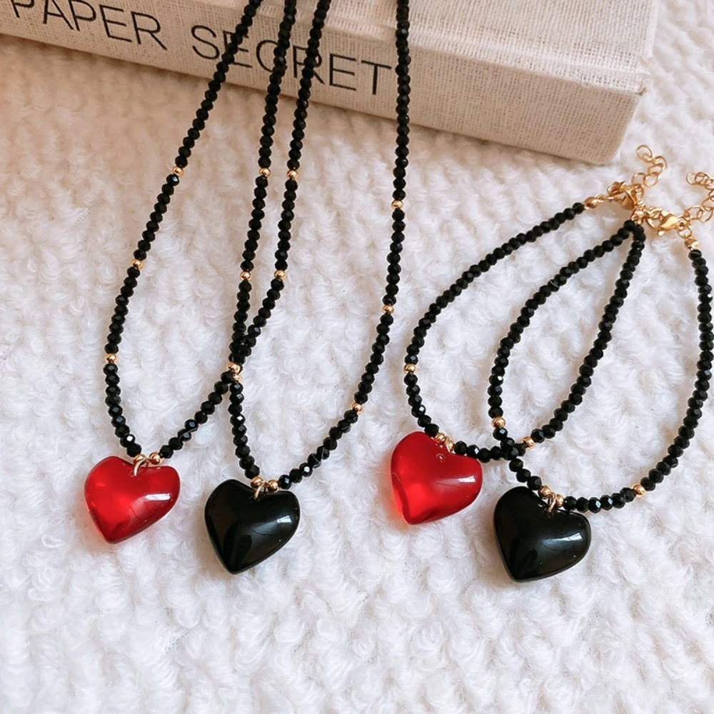 Romantic Heart Pendant Necklace Drawstring Heart Pendant Crystal Heart Bracelet Black Red Aesthetic Sweater Chain Women Gifts