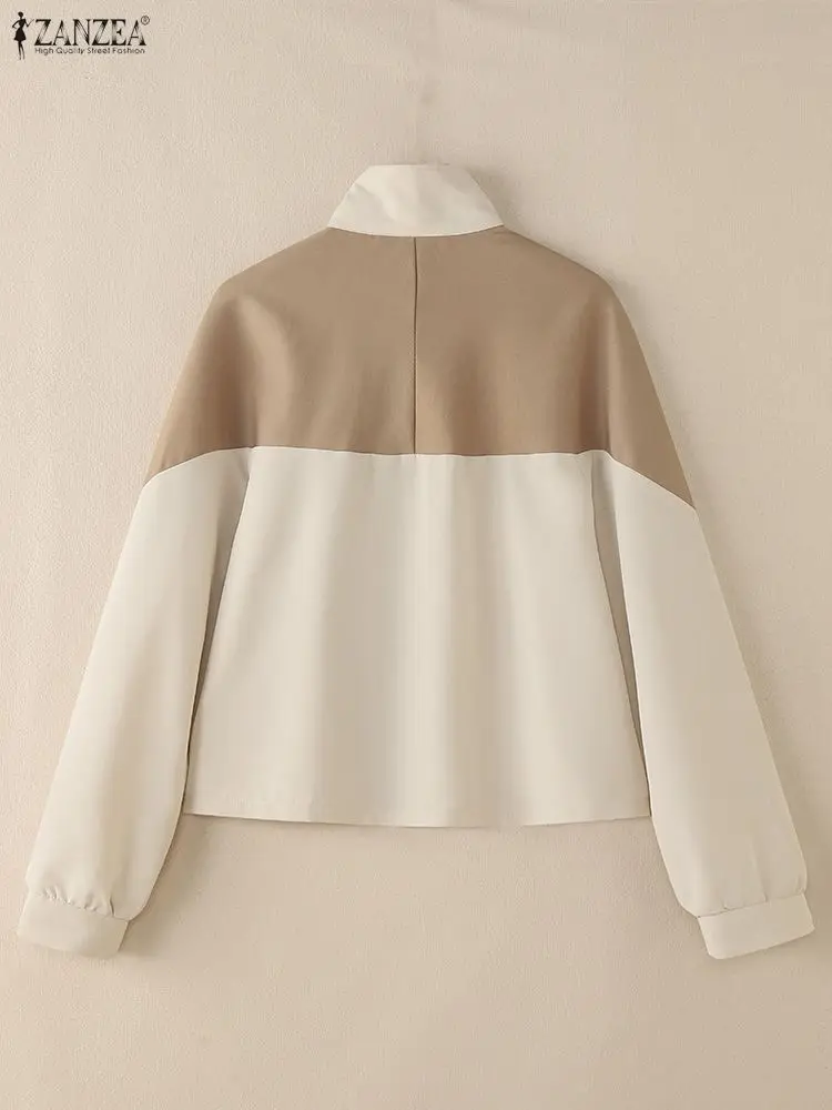 2025 ZANZEA Jesienna Bluzka z Kołnierzykiem, Długi Rękaw, Stylowe Koszule Damskie, Cienkie Okrycia Wierzchnie, Codzienne Kurtki Patchworkowe, Płaszcze, Bluzki z Guzikami