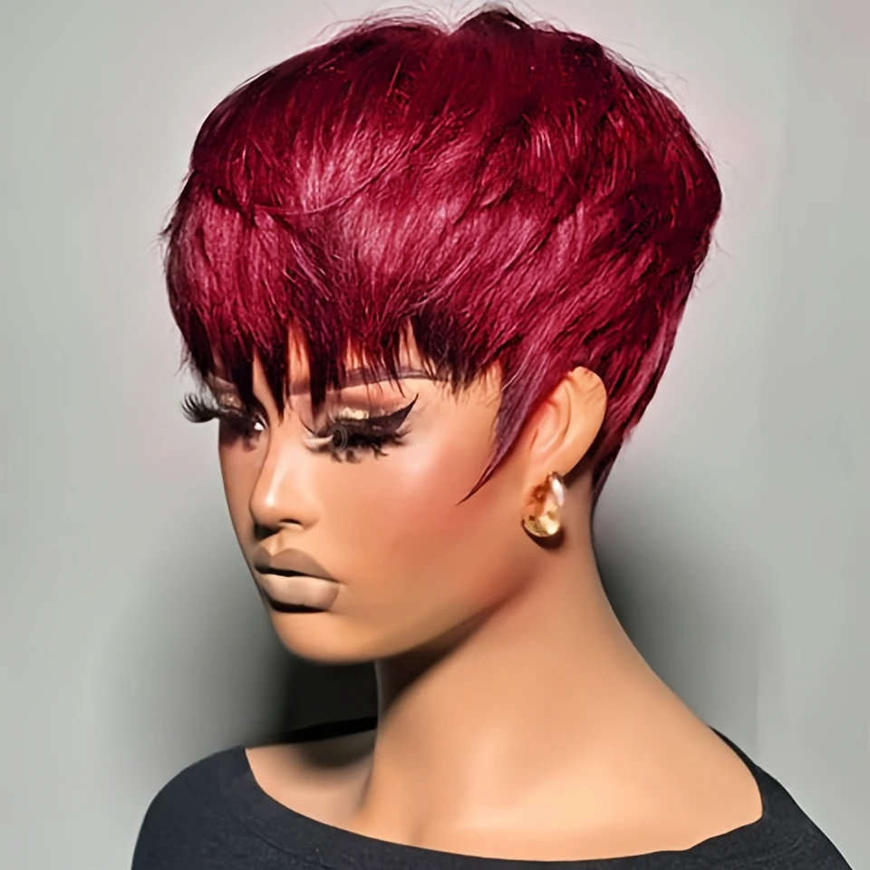 99Jカラーピクシーカットストレート人毛ウィッグ女性用フルマシンメイドウィッグショートレイヤードストレートウィッグ前髪付き