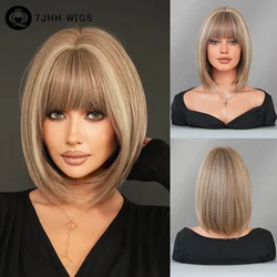 7JHH WIGS Synthetic Short Straight Ash Brown Bob Wig for Women High Density Layered Highlight Blonde Hair Wigs with Neat Bangs